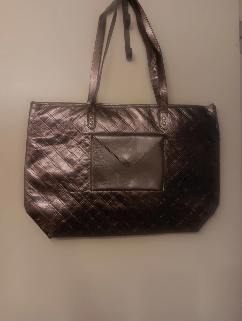 Metallic Quilted Tote Bag in Pewter with Straps